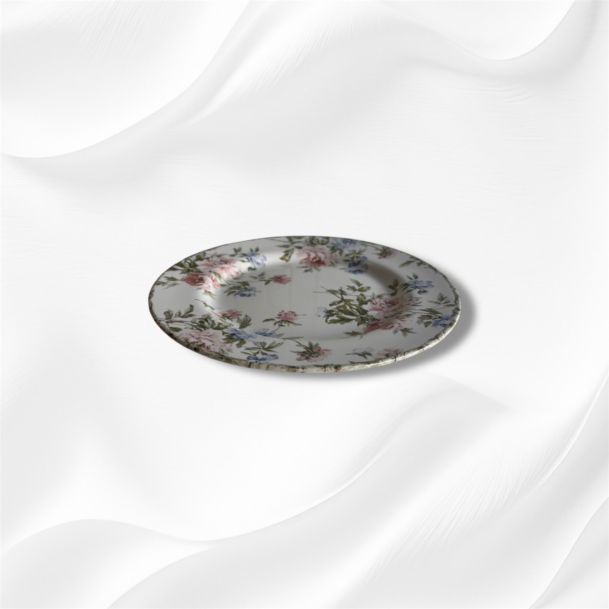 Vintage Floral Decor Stoneware Flat Plate
 New Pink and Blue Ceramic