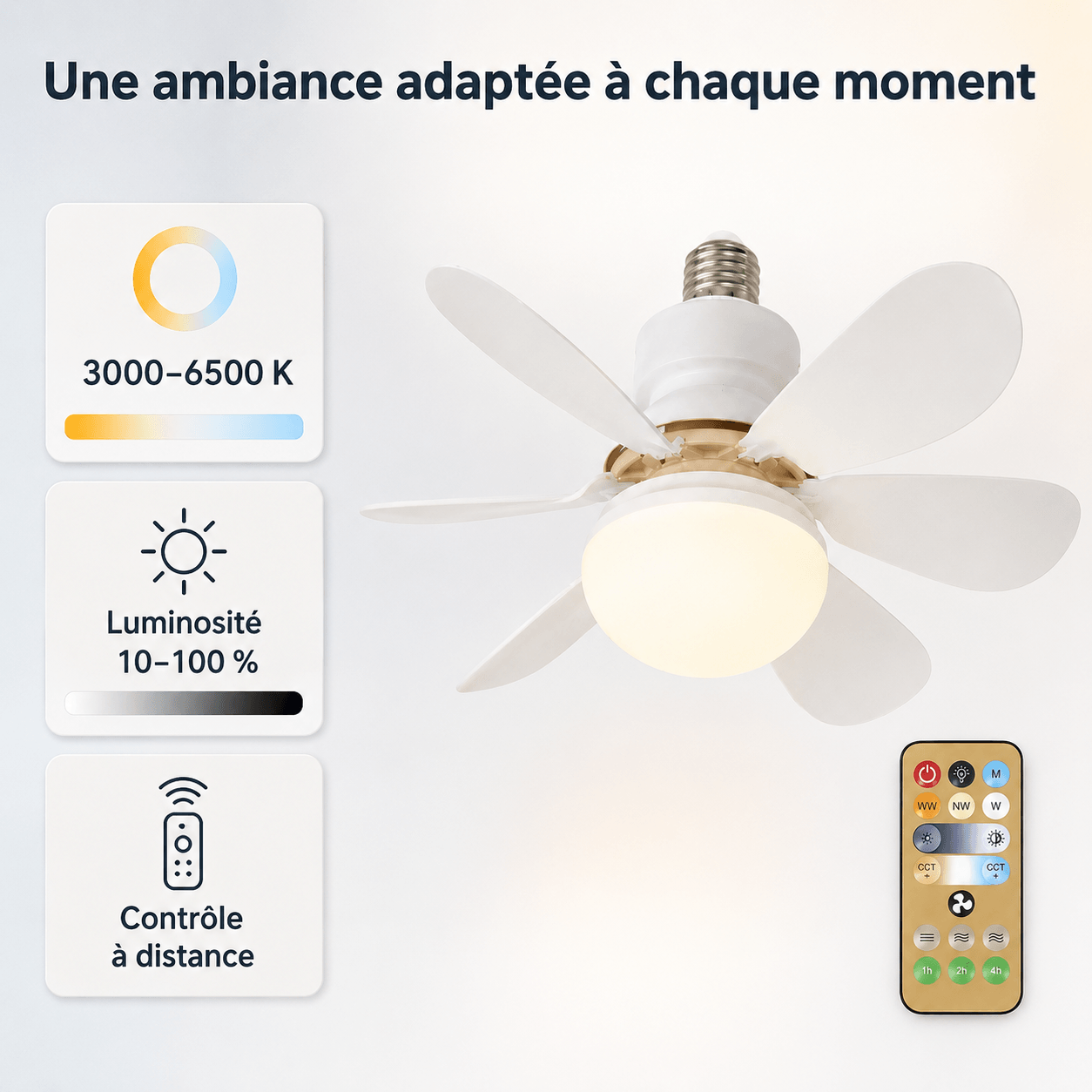 Ventilateur de Plafond LED avec Télécommande - E27, 40W, Luminosité Réglable