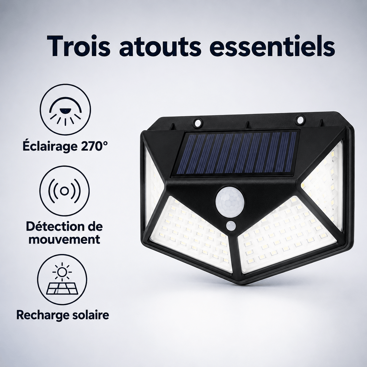 Lampe Solaire Extérieure Détecteur de Mouvement 270° LED Noire