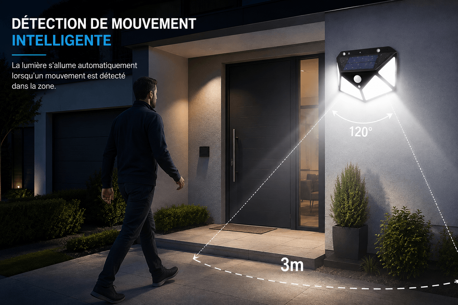 Lampe Solaire Extérieure Détecteur de Mouvement 270° LED Noire