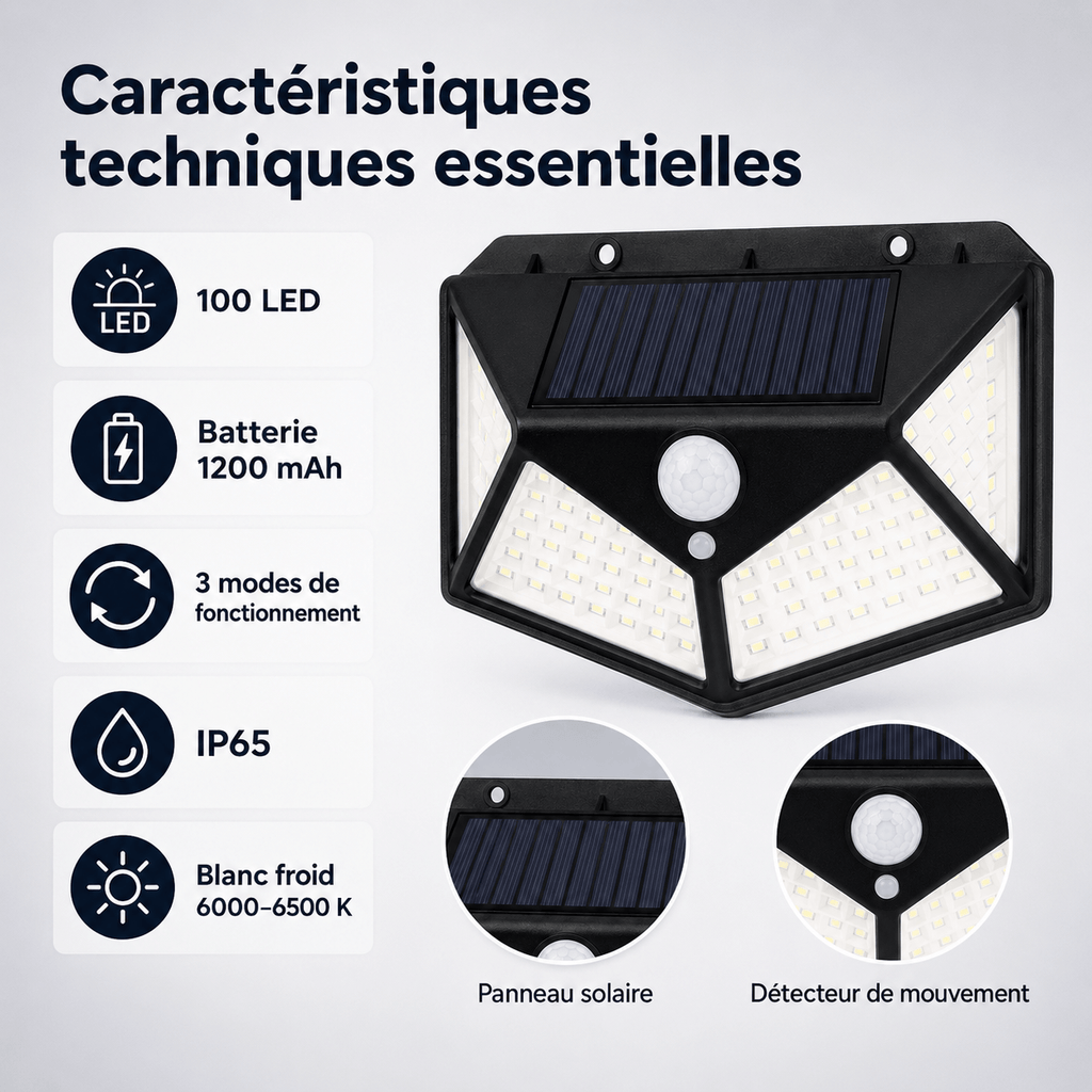 Lampe Solaire Extérieure Détecteur de Mouvement 270° LED Noire