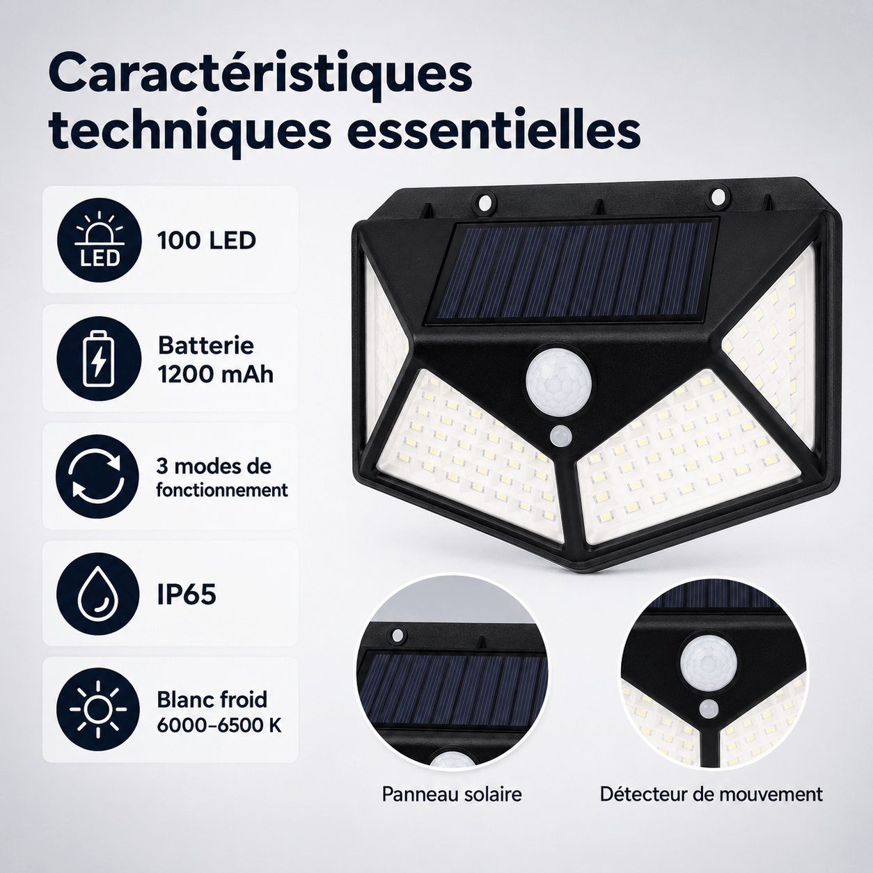 Lampe Solaire Extérieure Détecteur de Mouvement 270° LED Noire