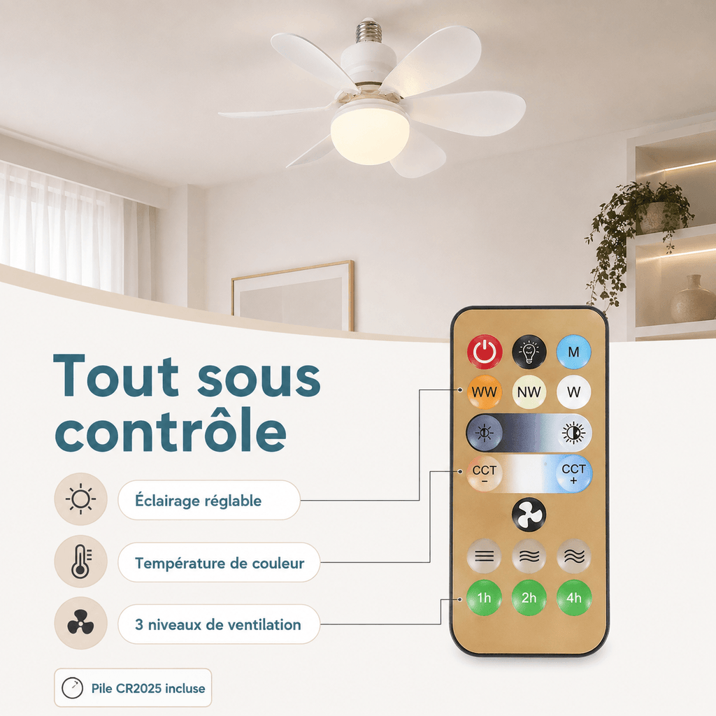 Ventilateur de Plafond LED avec Télécommande - E27, 40W, Luminosité Réglable