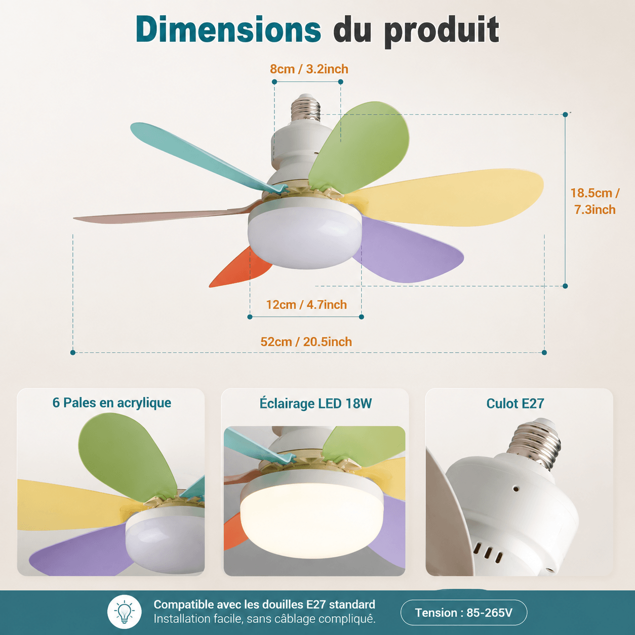 Ventilateur de Plafond LED avec Télécommande - E27, 40W, Luminosité Réglable