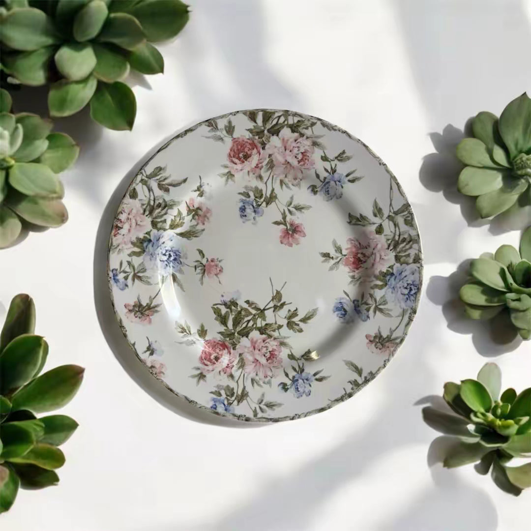 Vintage Floral Decor Stoneware Flat Plate
 New Pink and Blue Ceramic