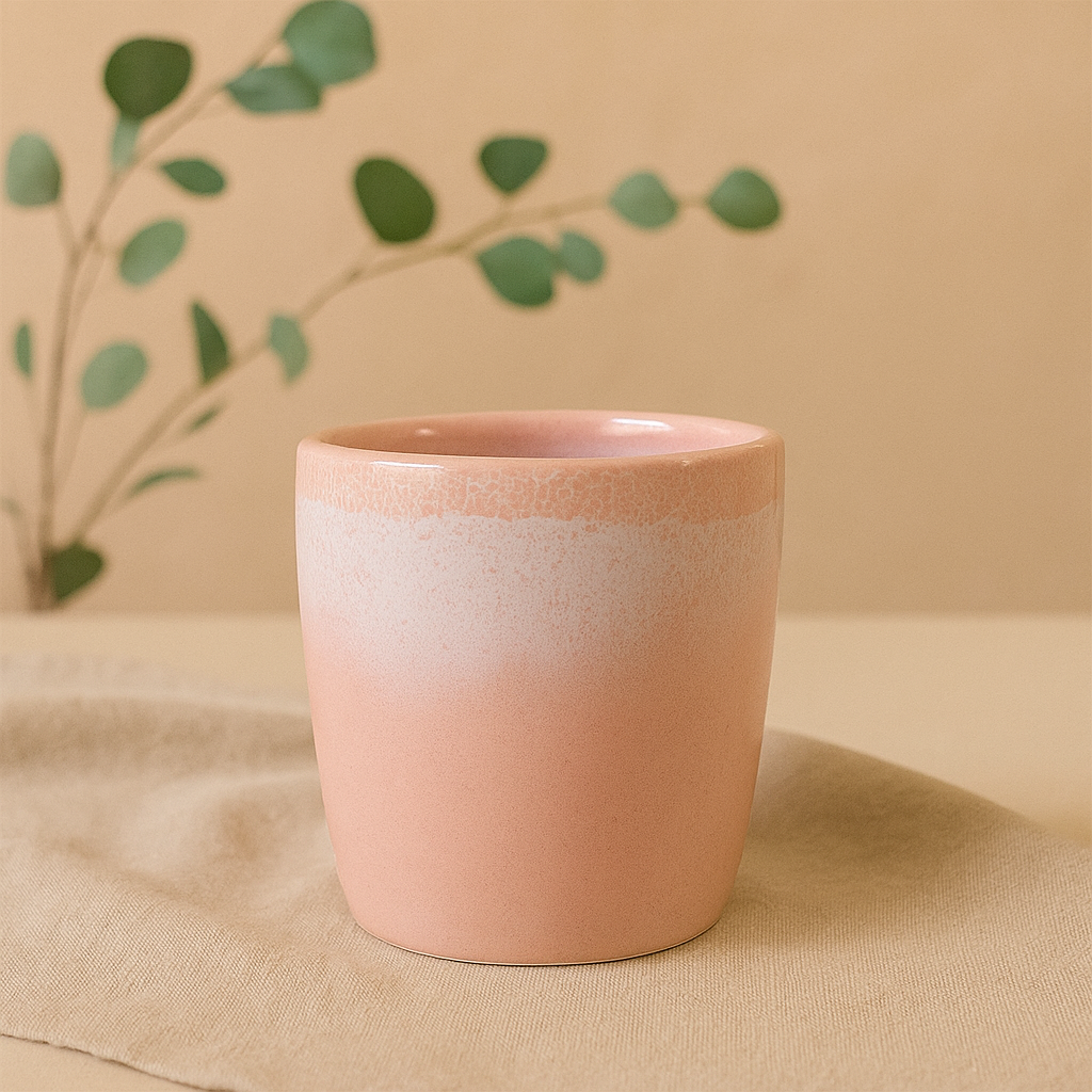 Taza de cerámica de gres con degradado blanco y rosa empolvado hecha a mano