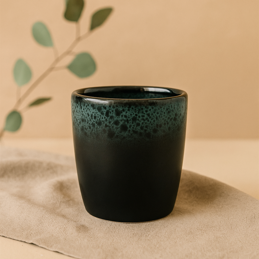 Taza de cerámica esmaltada reactiva negra y verde hecha a mano