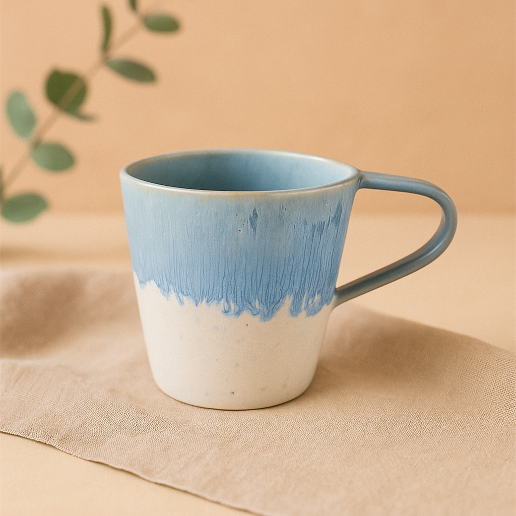 Taza de cerámica bicolor azul y blanca con forma de lágrima, hecha a mano