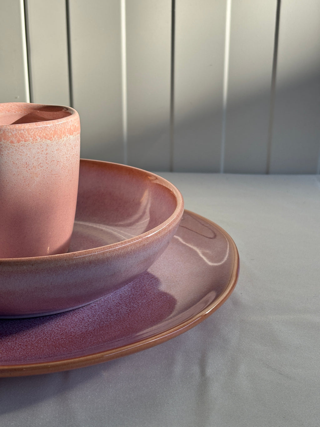 Powder Pink Glazed Ceramic Stoneware Dinnerware Set 3 Pieces Mug Dinner Plate Soup Plate