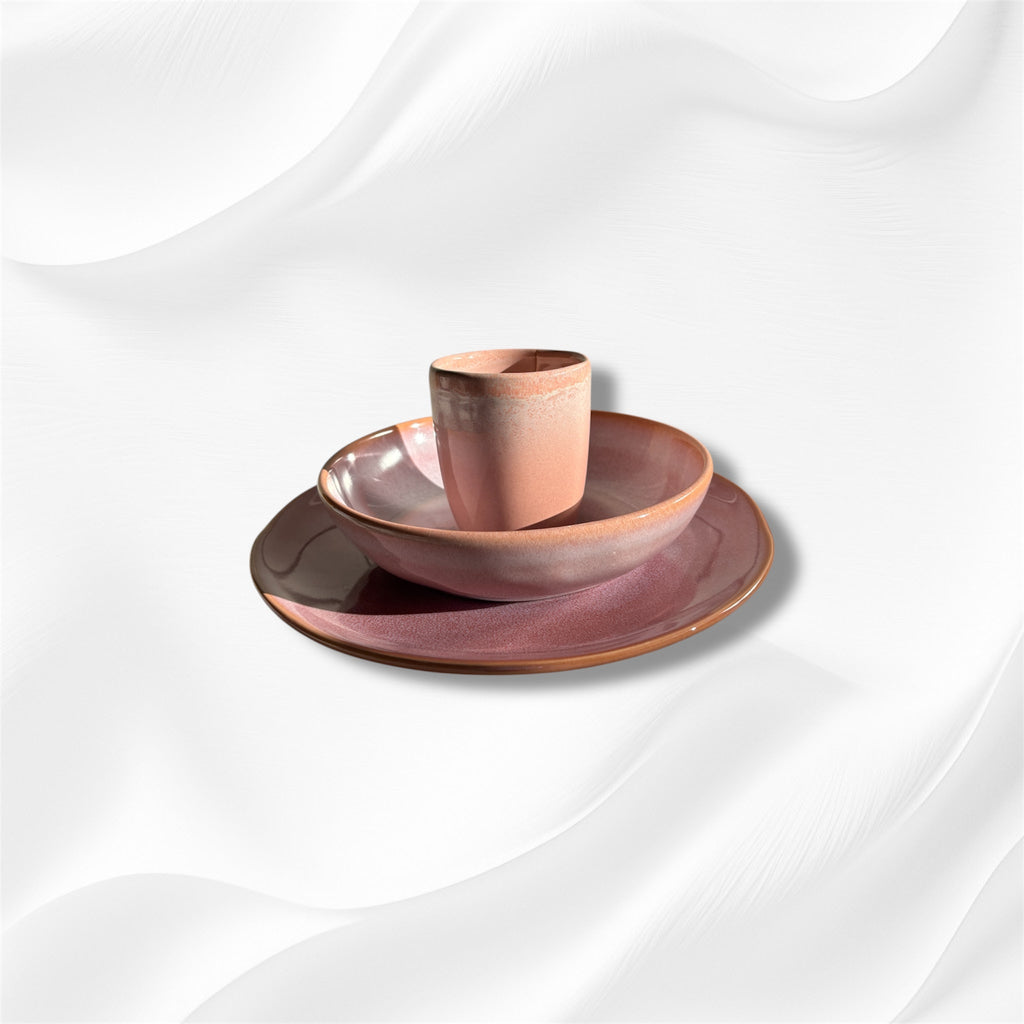 Powder Pink Glazed Ceramic Stoneware Dinnerware Set 3 Pieces Mug Dinner Plate Soup Plate