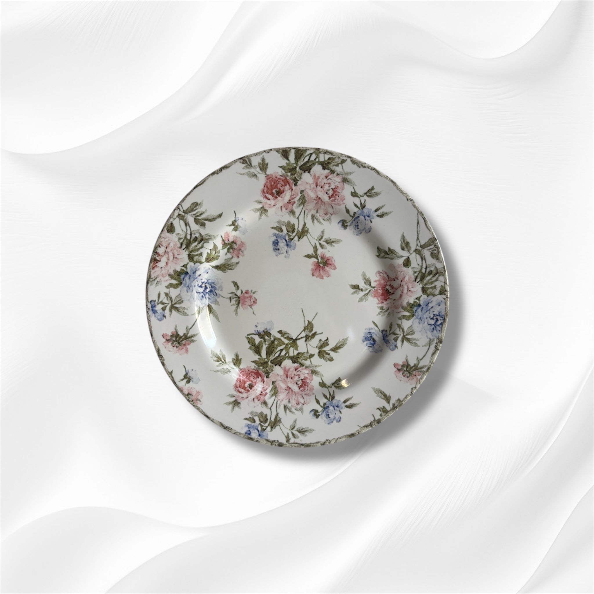 Vintage Floral Decor Stoneware Flat Plate
 New Pink and Blue Ceramic