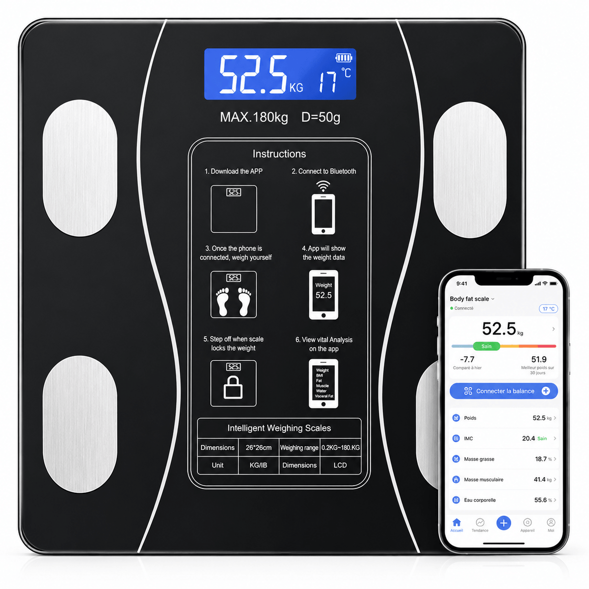 Pèse Personne Balance Connectée Bluetooth 180 kg – Impédancemètre avec Application, Écran LCD, Verre Trempé – Noir