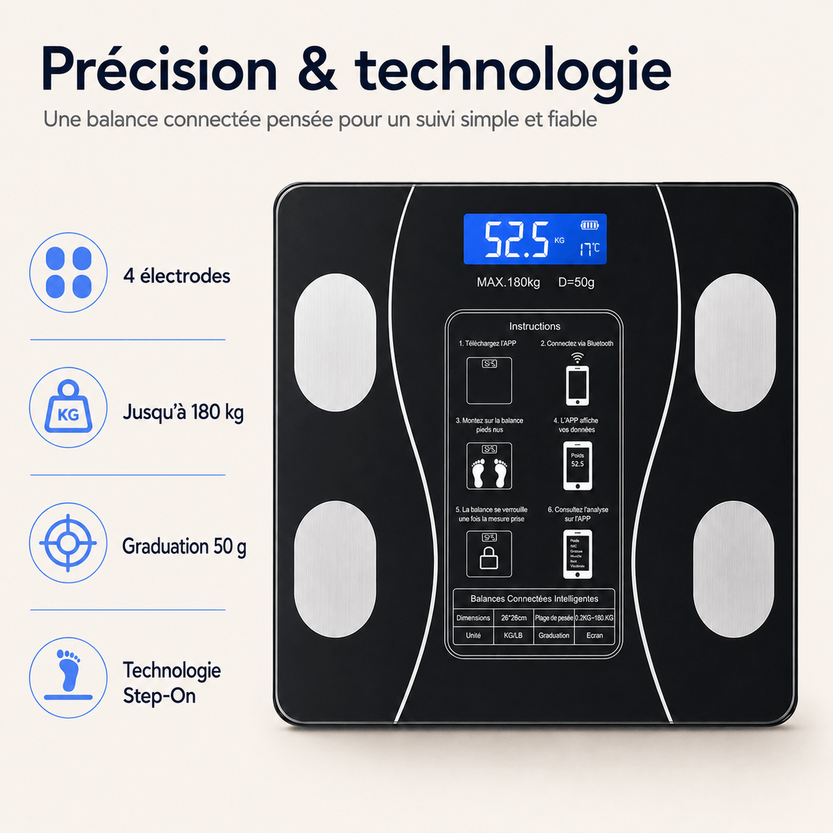 Pèse Personne Balance Connectée Bluetooth 180 kg – Impédancemètre avec Application, Écran LCD, Verre Trempé – Noir