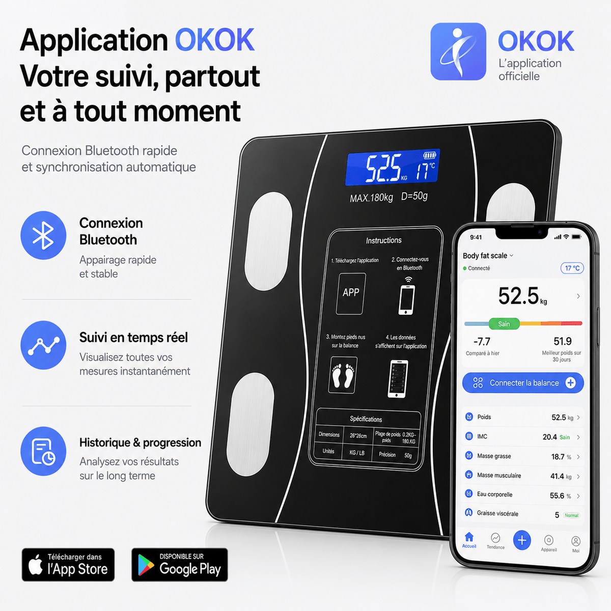 Pèse Personne Balance Connectée Bluetooth 180 kg – Impédancemètre avec Application, Écran LCD, Verre Trempé – Noir