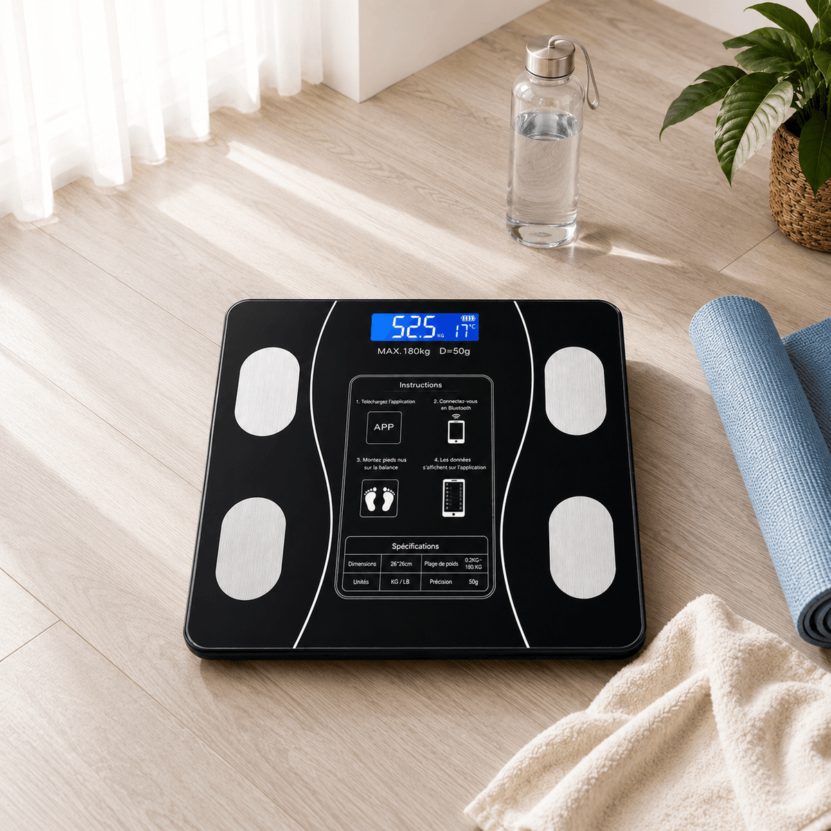 Pèse Personne Balance Connectée Bluetooth 180 kg – Impédancemètre avec Application, Écran LCD, Verre Trempé – Noir