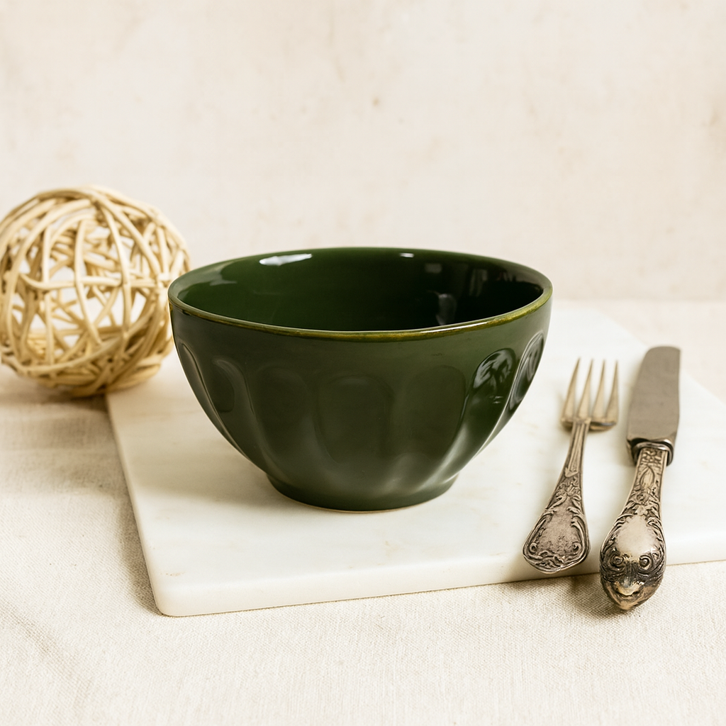 Khaki Green Ceramic Stoneware Fluted Bowl Design