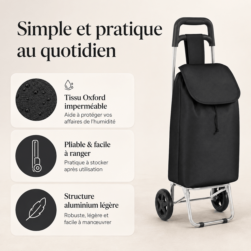 Chariot de Courses Pliable Compact Aluminium Imperméable 30kg