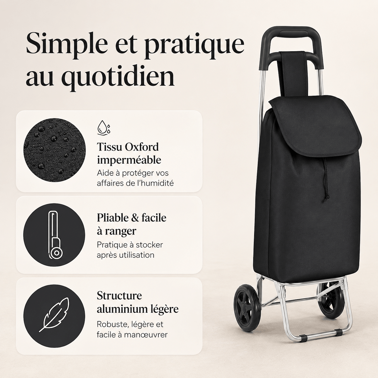 Chariot de Courses Pliable Compact Aluminium Imperméable 30kg