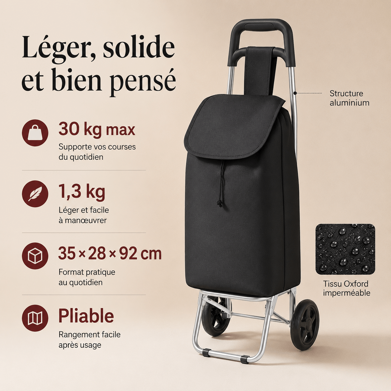 Chariot de Courses Pliable Compact Aluminium Imperméable 30kg