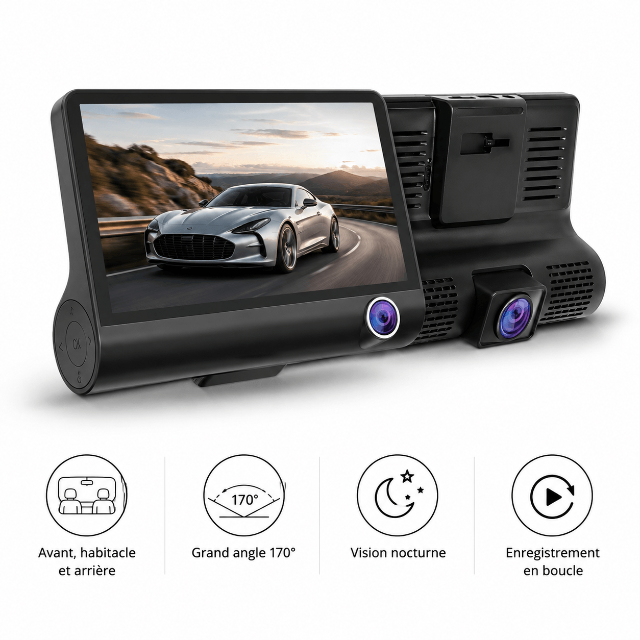 Dashcam Voiture 3 Caméras Avant Intérieur Arrière HD