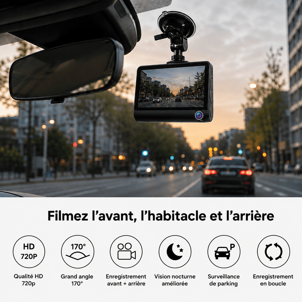 Dashcam Voiture 3 Caméras Avant Intérieur Arrière HD
