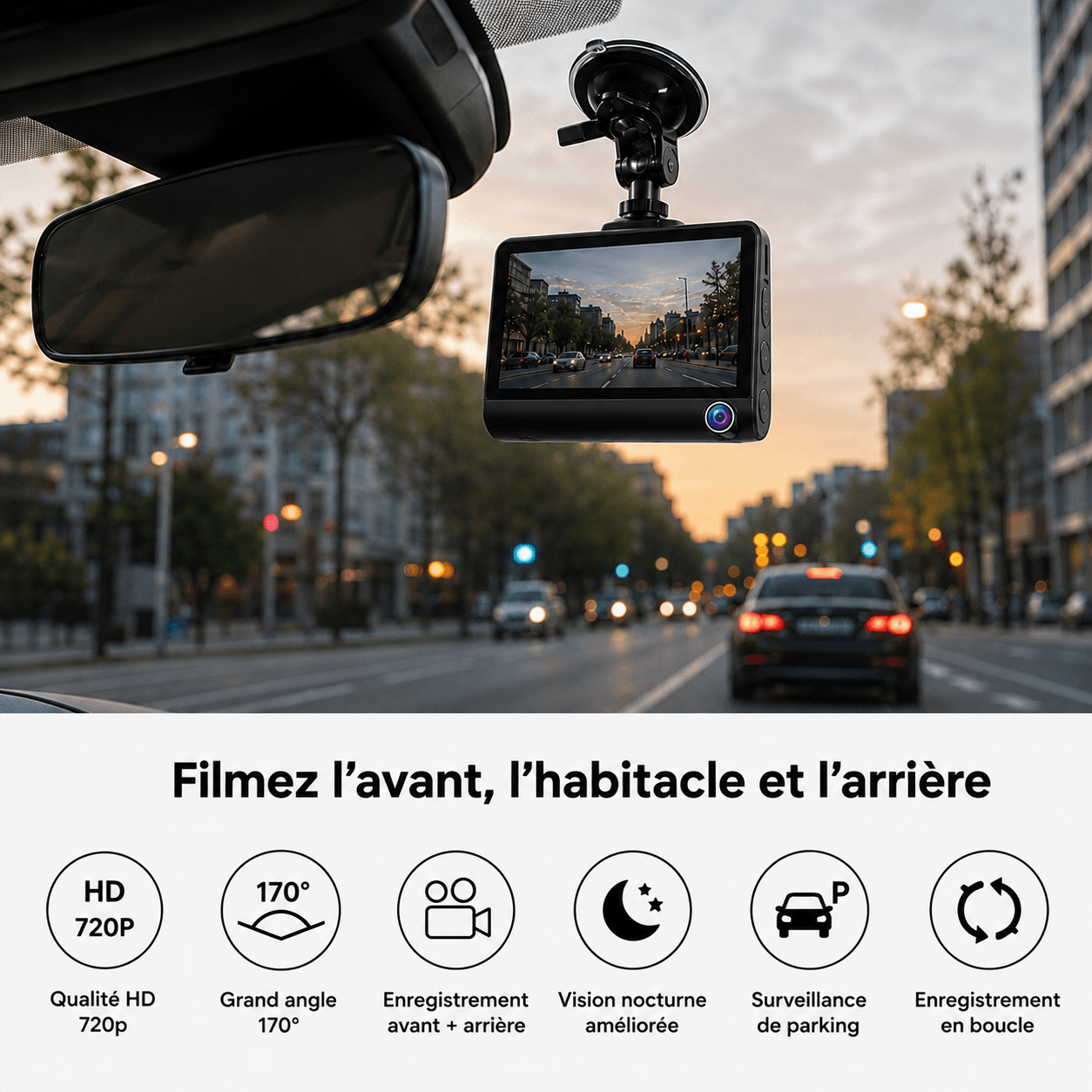 Dashcam Voiture 3 Caméras Avant Intérieur Arrière HD