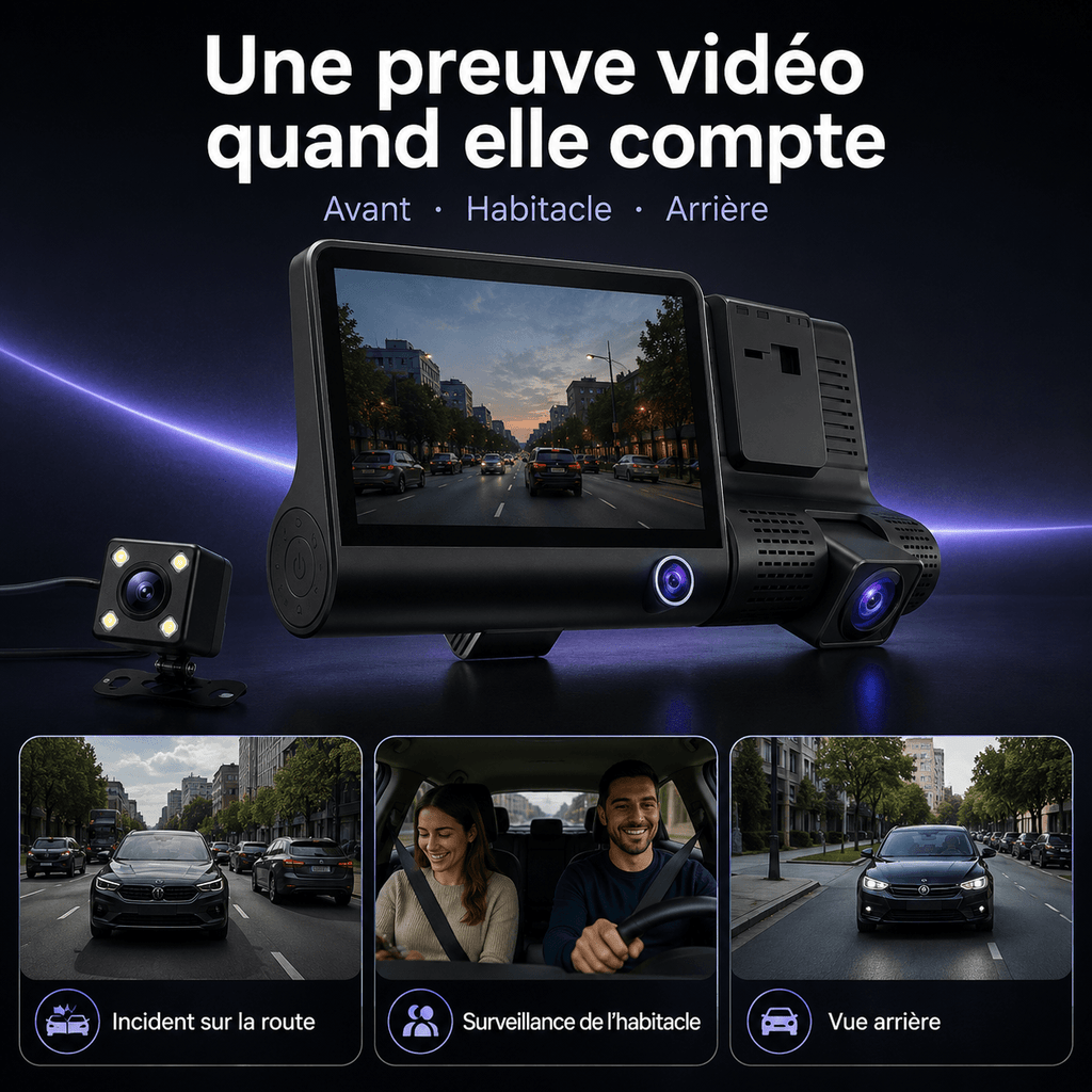 Dashcam Voiture 3 Caméras Avant Intérieur Arrière HD