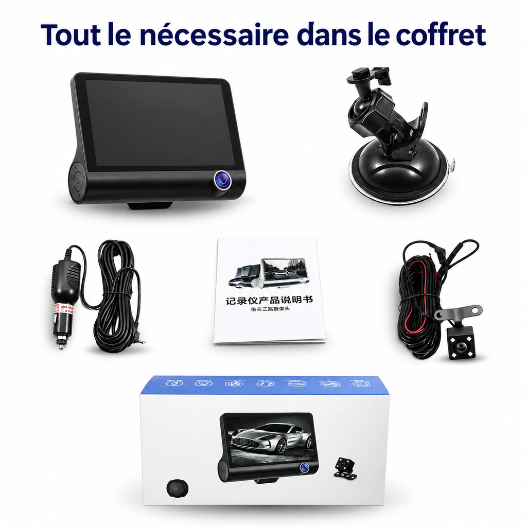 Dashcam Voiture 3 Caméras Avant Intérieur Arrière HD