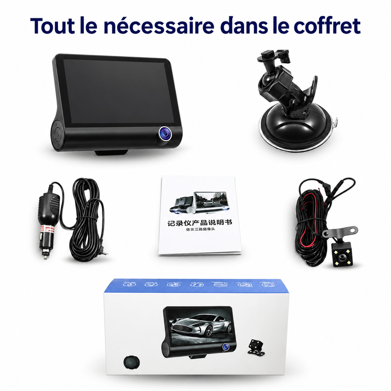 Dashcam Voiture 3 Caméras Avant Intérieur Arrière HD