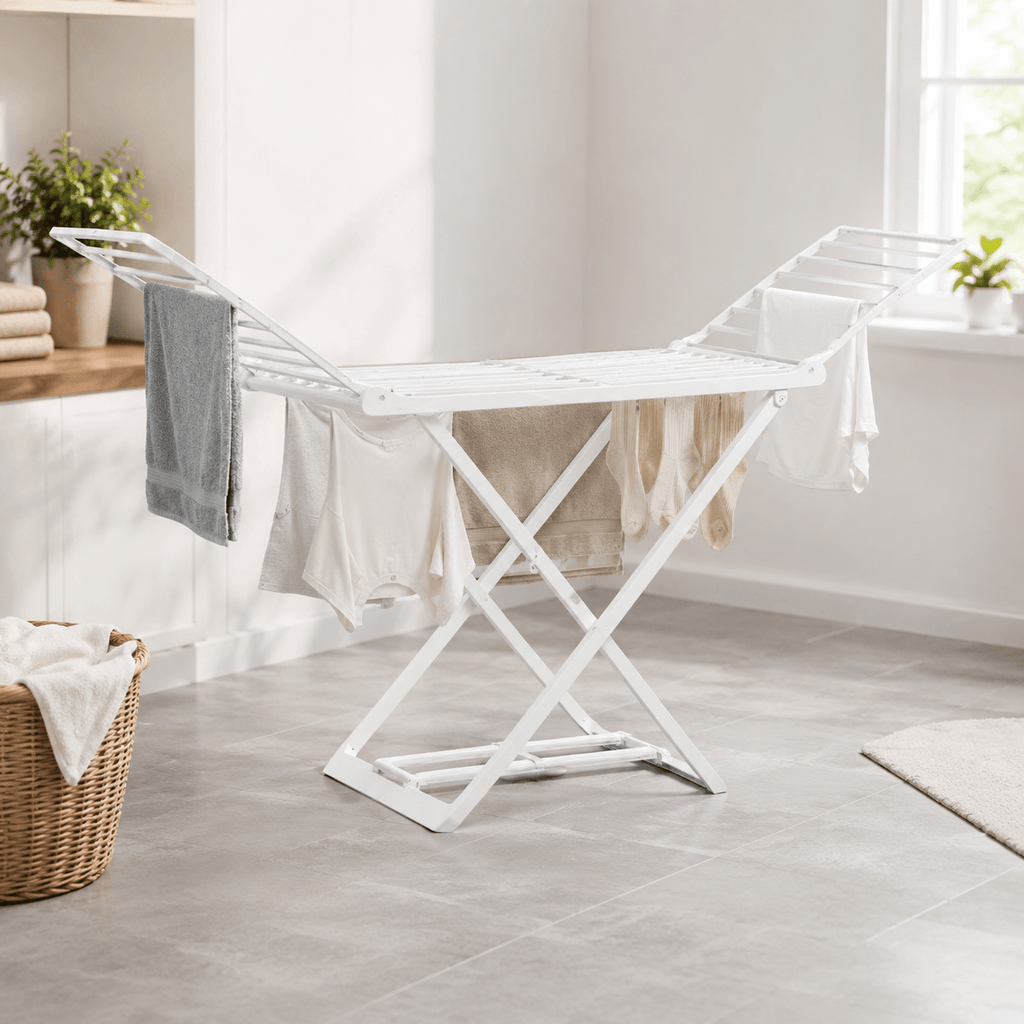 Étendoir à Linge Pliable 2 Ailes Latérales Plastique Blanc 185cm
