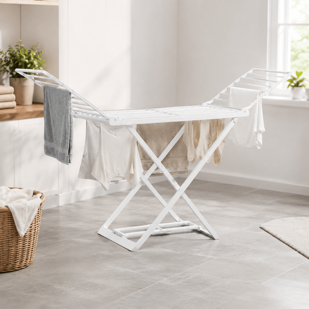 Étendoir à Linge Pliable 2 Ailes Latérales Plastique Blanc 185cm