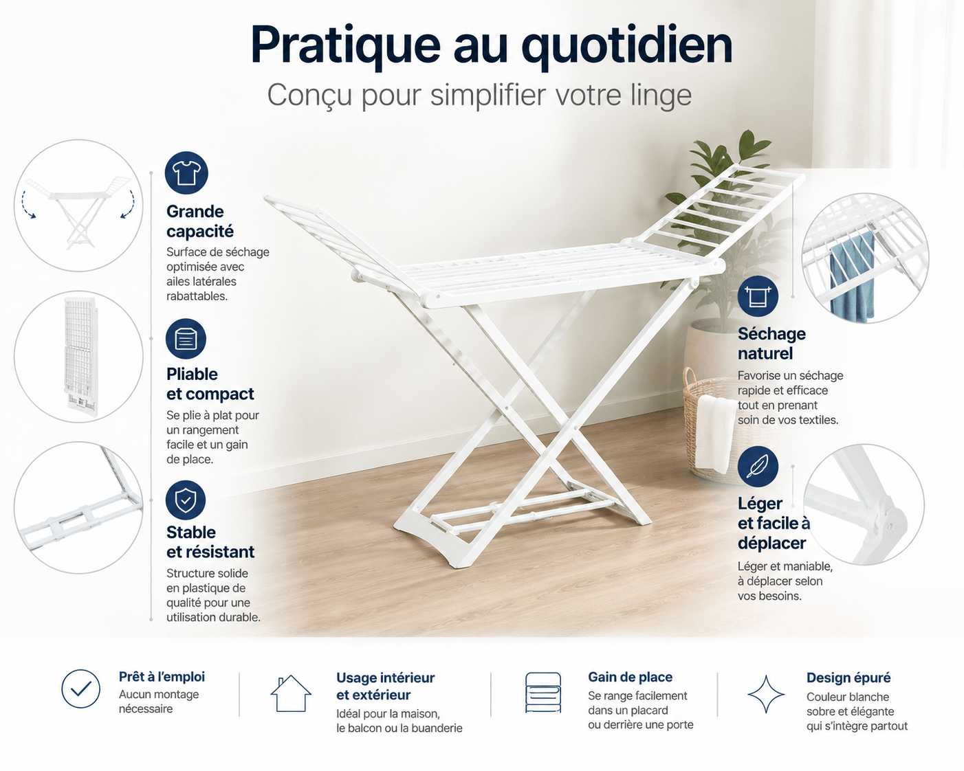 Étendoir à Linge Pliable 2 Ailes Latérales Plastique Blanc 185cm