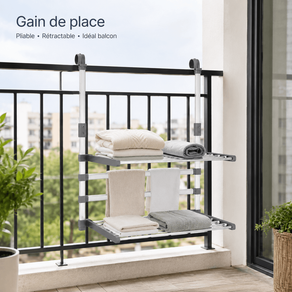 Étendoir à Linge pour Balcon Aluminium Rétractable Pliable