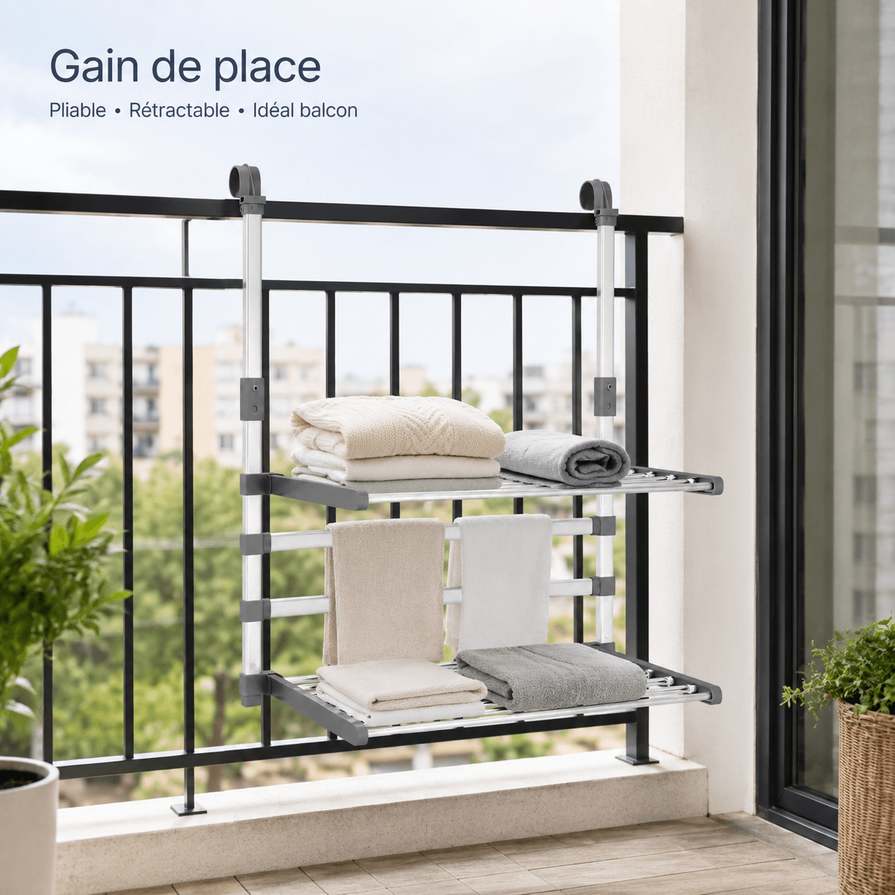 Étendoir à Linge pour Balcon Aluminium Rétractable Pliable