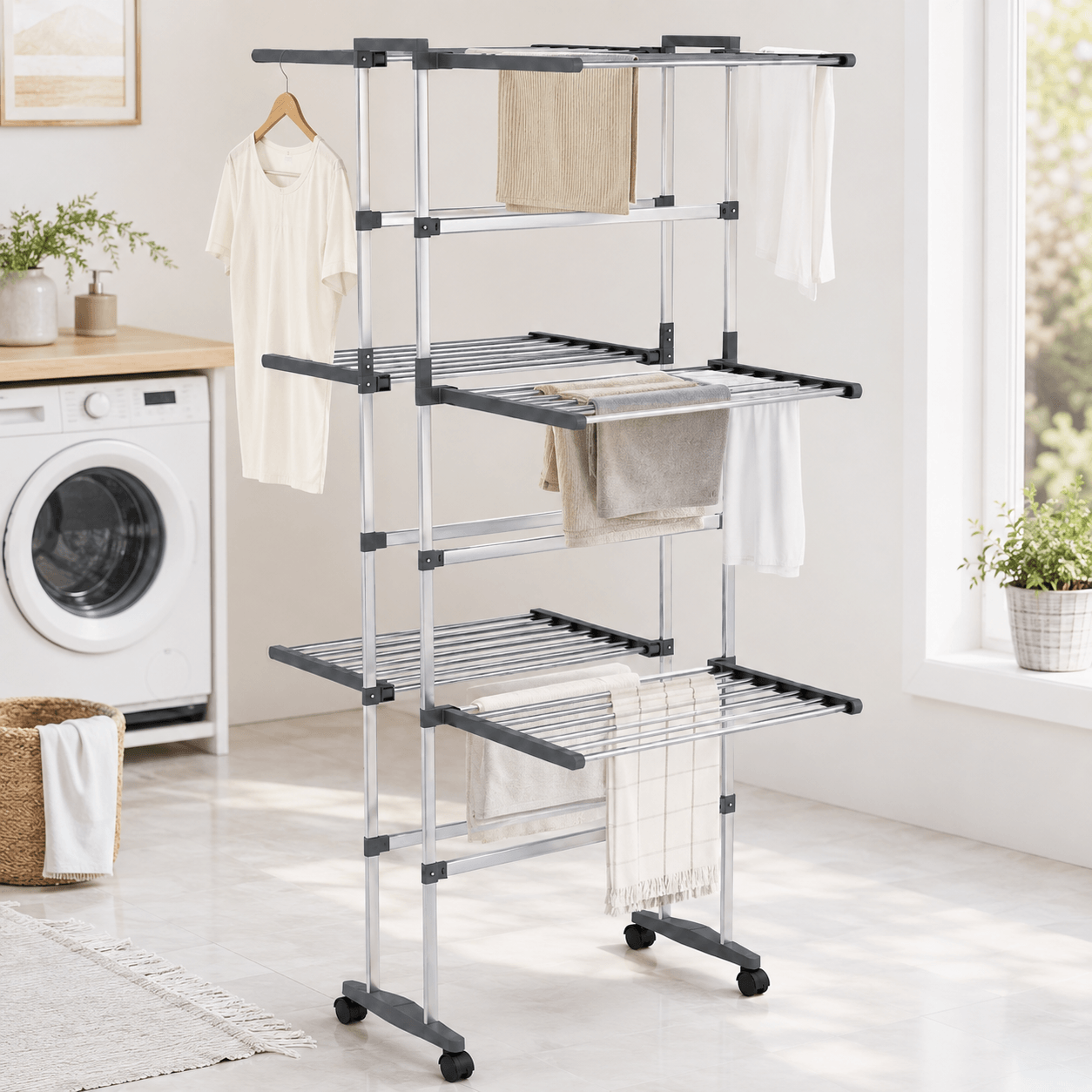 Étendoir à Linge sur Roulettes Aluminium Pliable