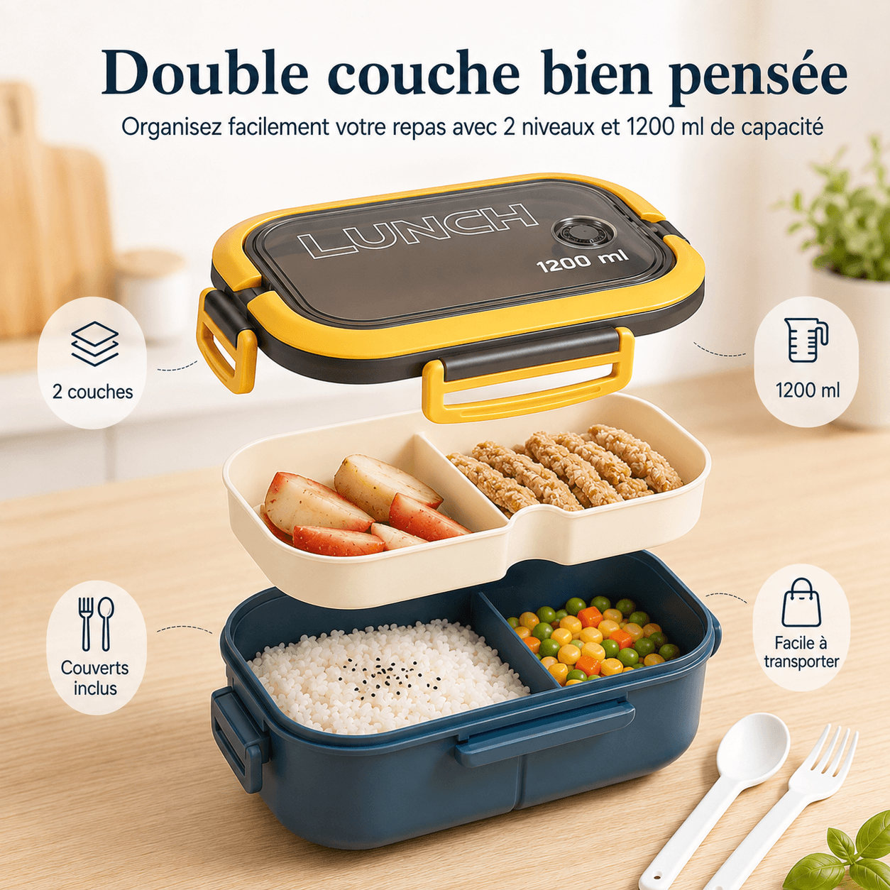 Lunch Box Bento 1200ml avec Couverts - Boîte Repas Compartimentée Micro-Ondes
