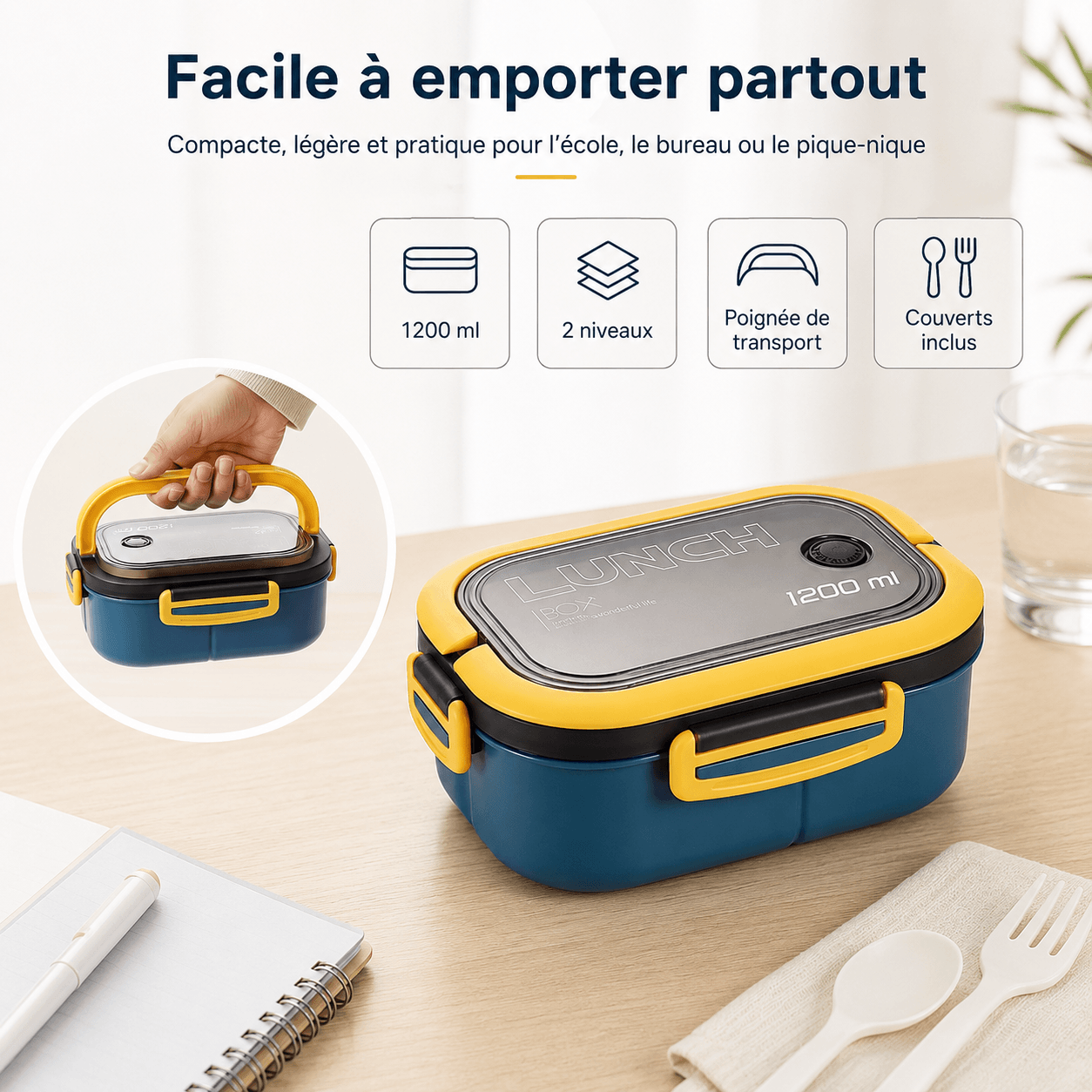 Lunch Box Bento 1200ml avec Couverts - Boîte Repas Compartimentée Micro-Ondes