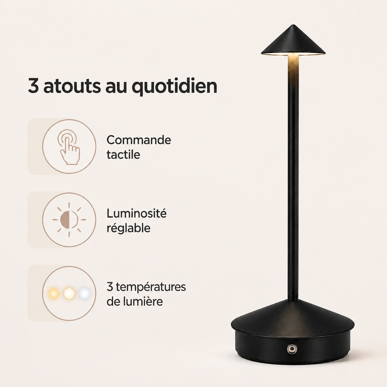 Lampe de Table LED Sans Fil Rechargeable Tactile Aluminium