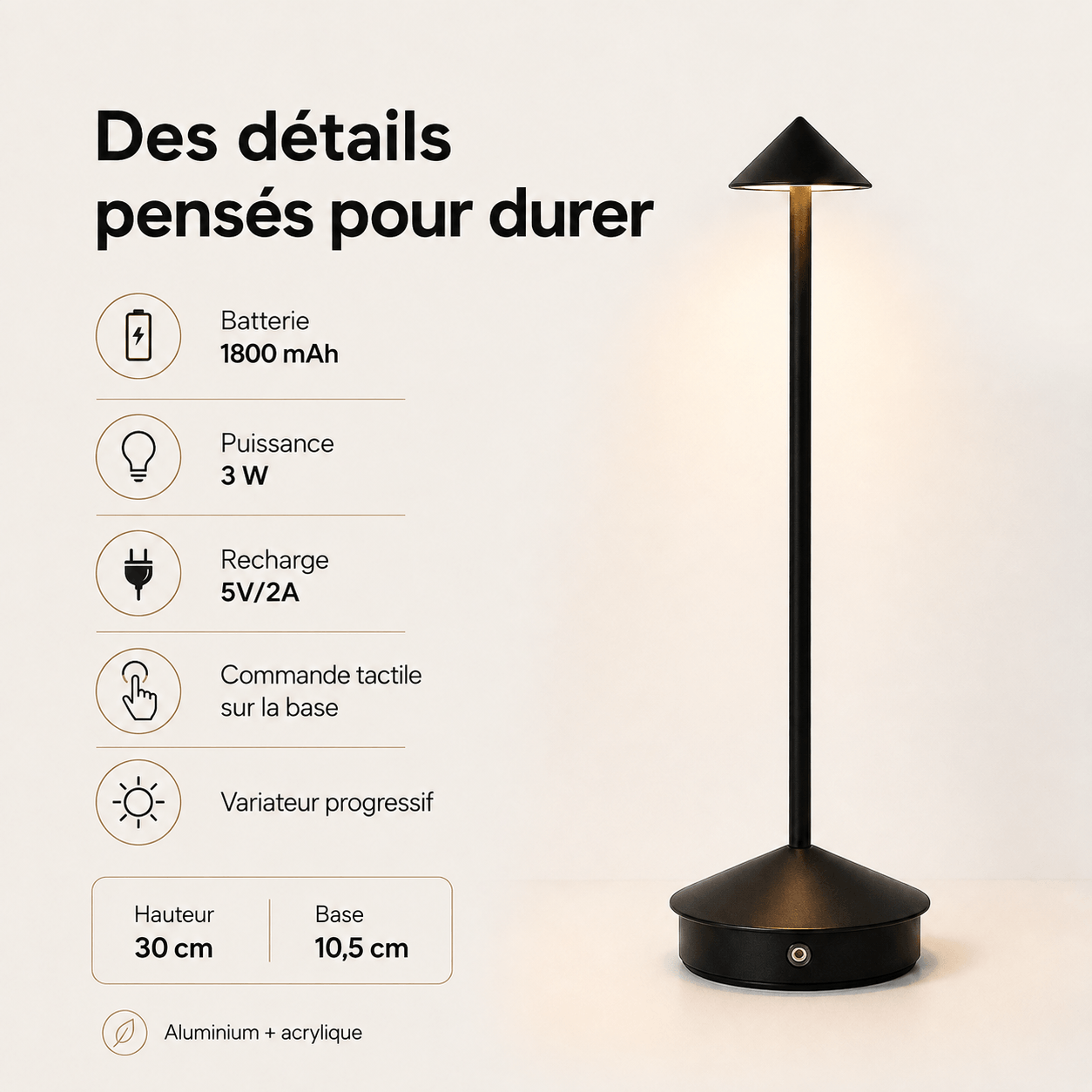 Lampe de Table LED Sans Fil Rechargeable Tactile Aluminium