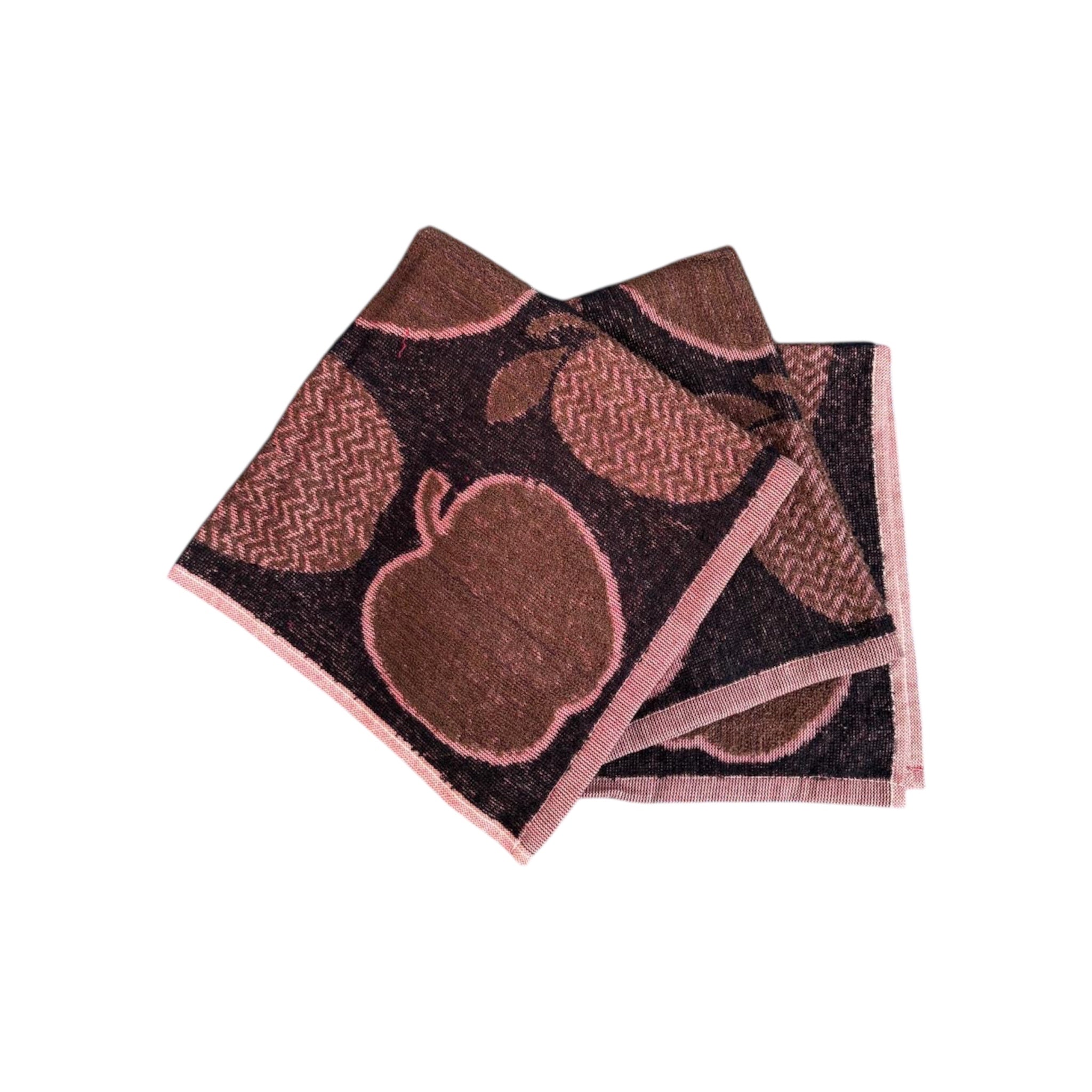 Lot De 3 Torchons De Cuisine En Jacquard Portugais Motif Pommes Rose Et Marron 50×50cm
