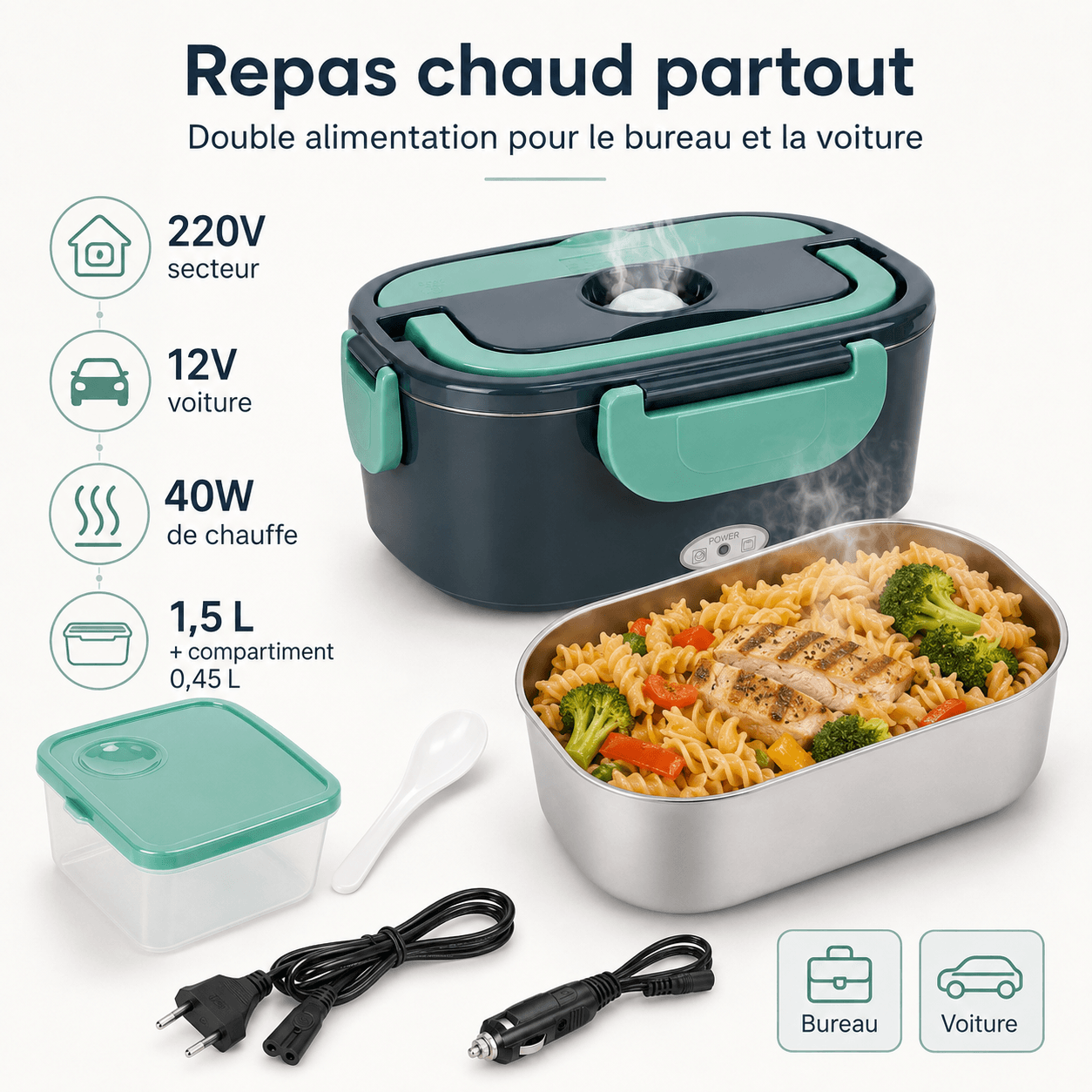 Lunch Box Chauffante Électrique 1,5L - Secteur & Voiture