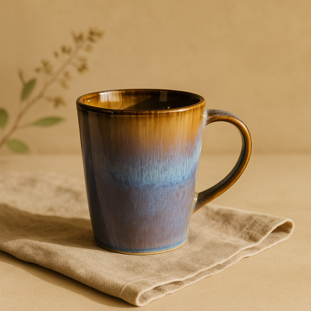 Taza de cerámica hecha a mano con esmalte reactivo azul y marrón