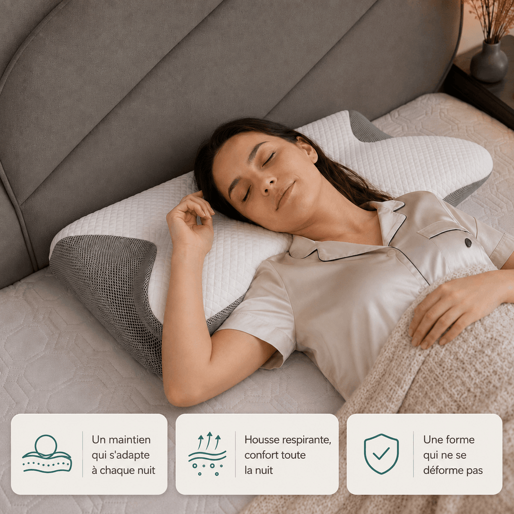 Oreiller Ergonomique Mémoire de Forme Contour Cervical 64x37,5 cm Blanc/Gris
