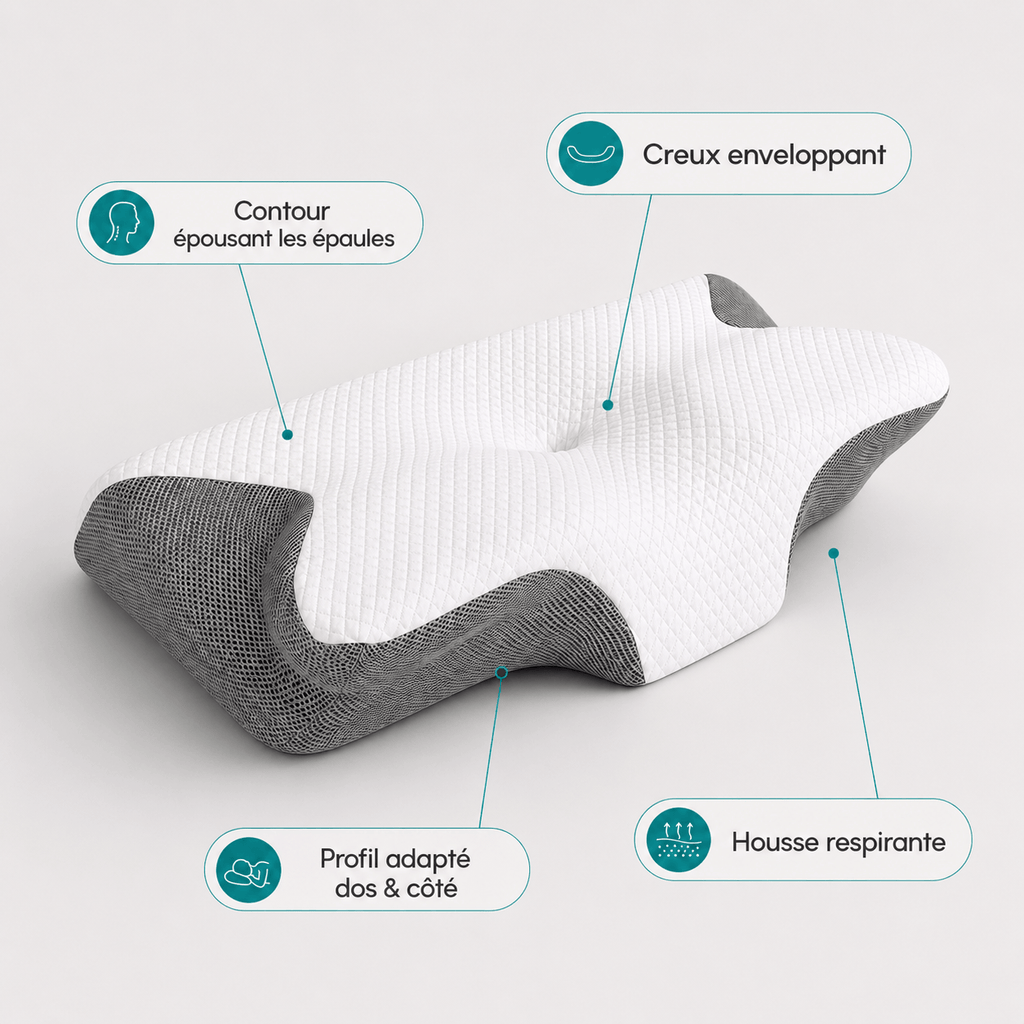 Oreiller Ergonomique Mémoire de Forme Contour Cervical 64x37,5 cm Blanc/Gris