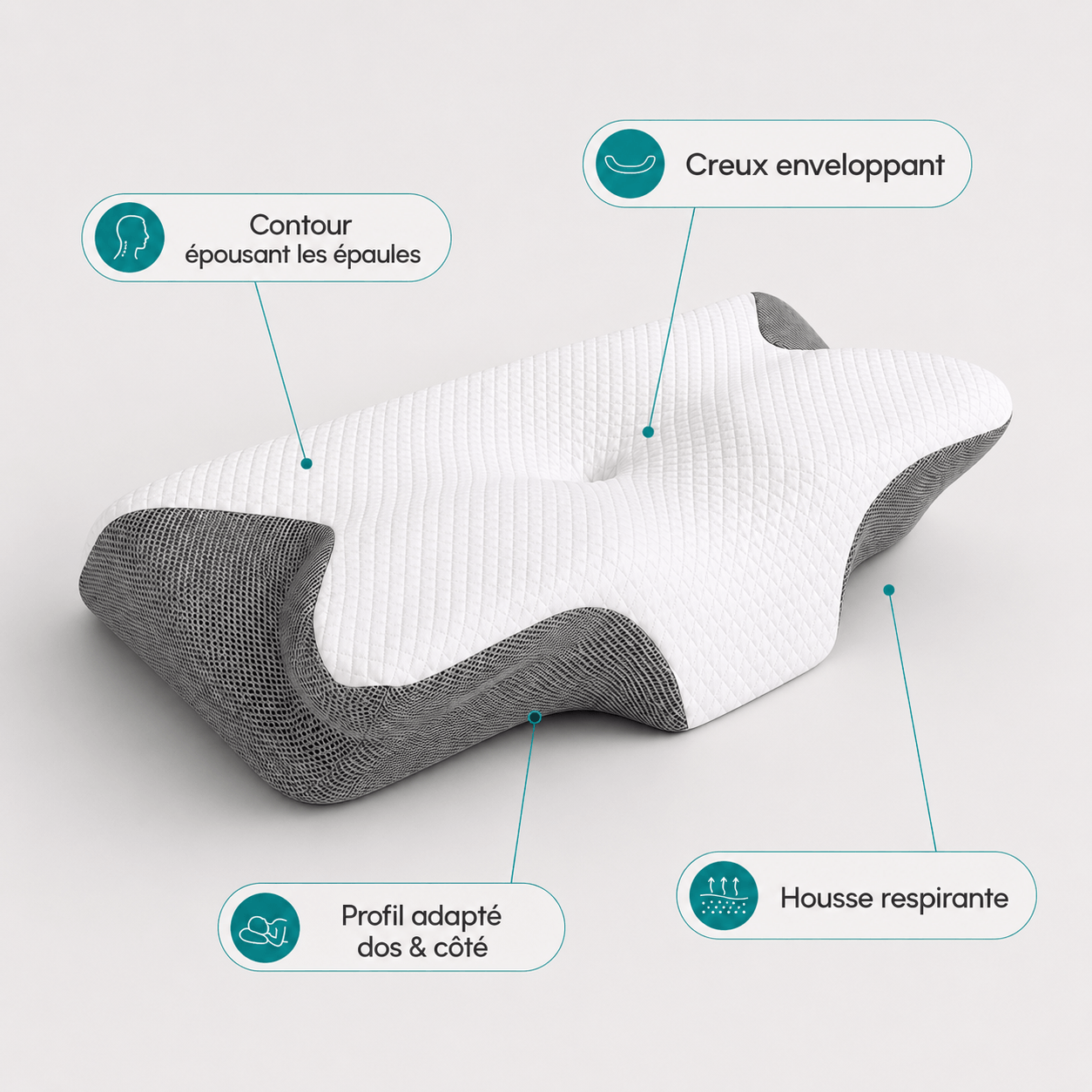 Oreiller Ergonomique Mémoire de Forme Contour Cervical 64x37,5 cm Blanc/Gris