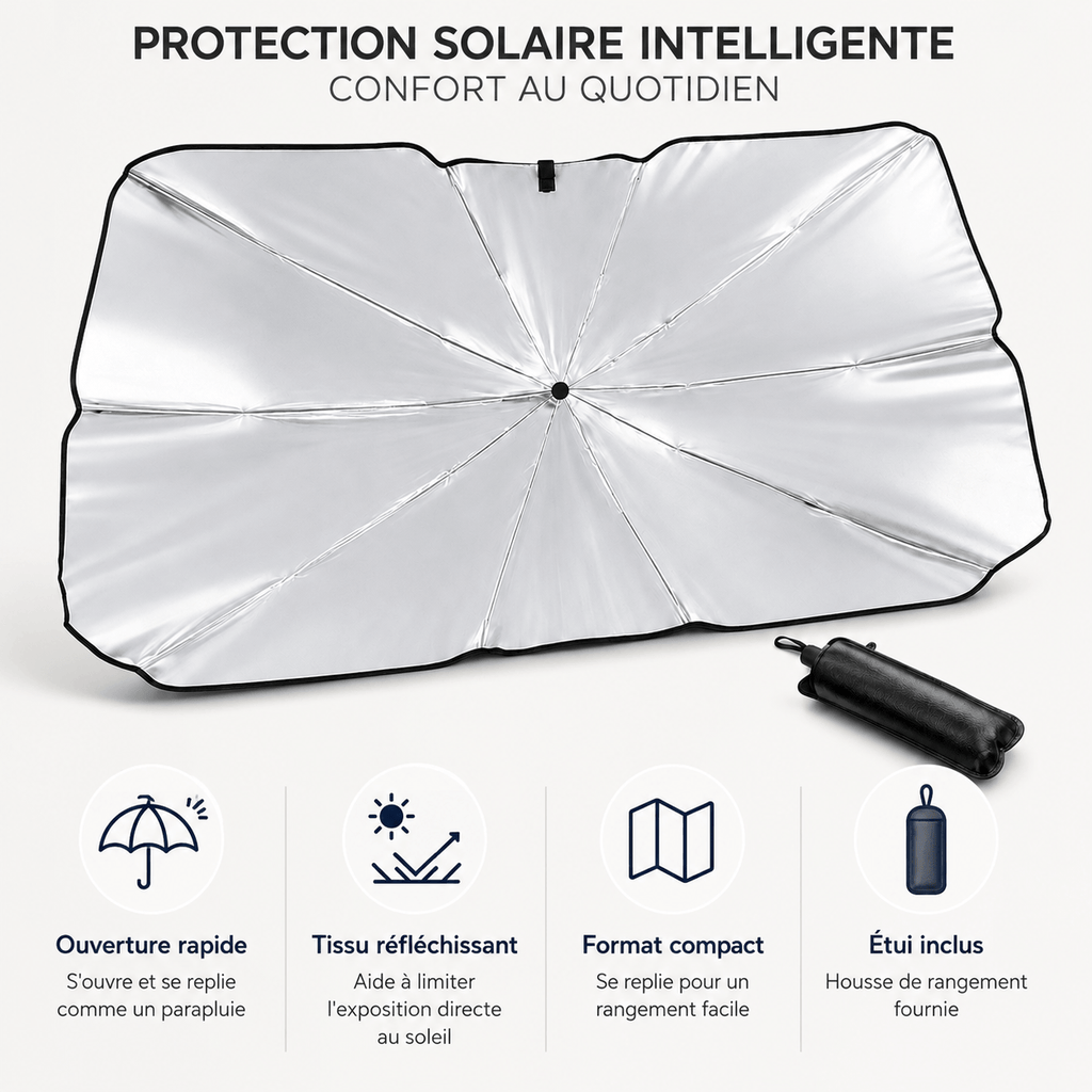 Pare-soleil voiture parapluie pour pare-brise avant 137 × 78 cm – Tissu réfléchissant argenté