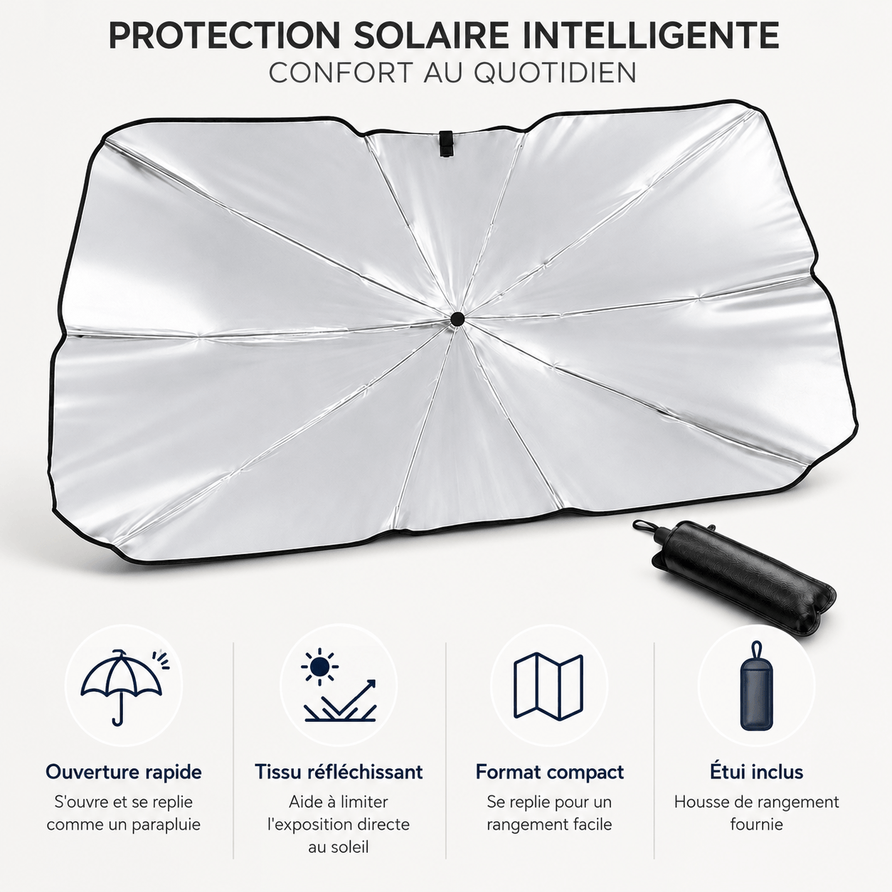Pare-soleil voiture parapluie pour pare-brise avant 137 × 78 cm – Tissu réfléchissant argenté