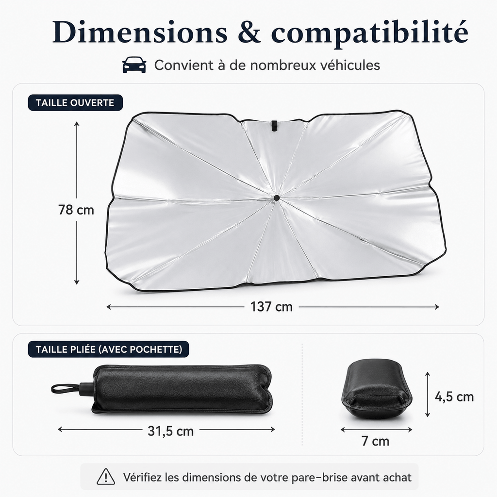 Pare-soleil voiture parapluie pour pare-brise avant 137 × 78 cm – Tissu réfléchissant argenté