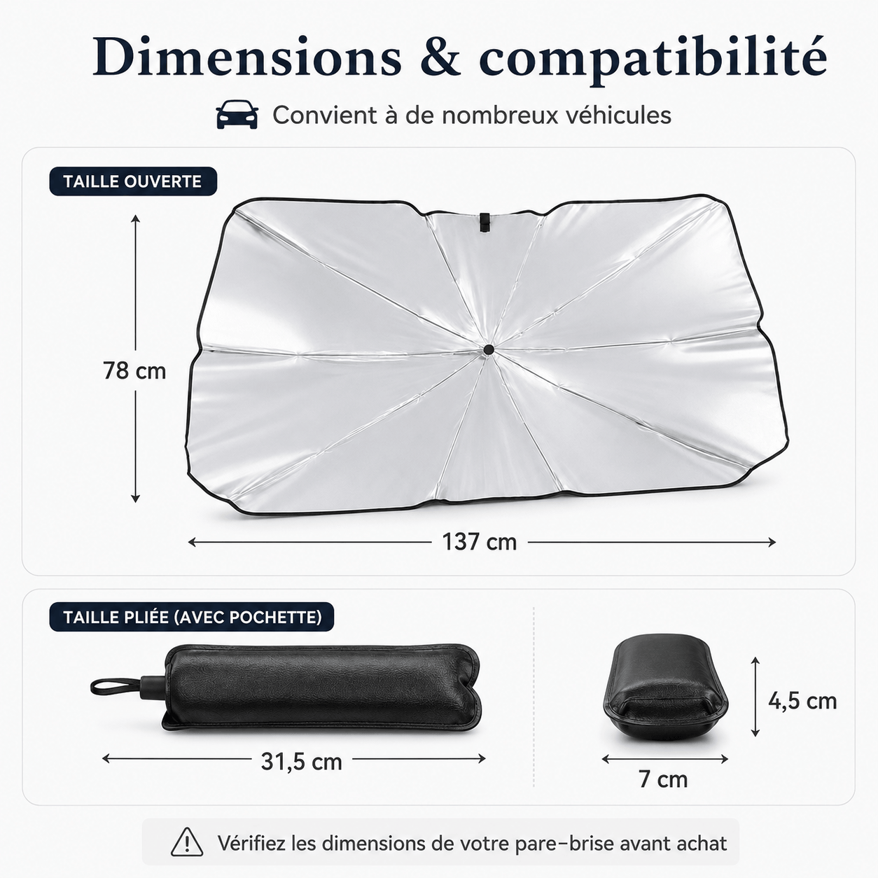 Pare-soleil voiture parapluie pour pare-brise avant 137 × 78 cm – Tissu réfléchissant argenté