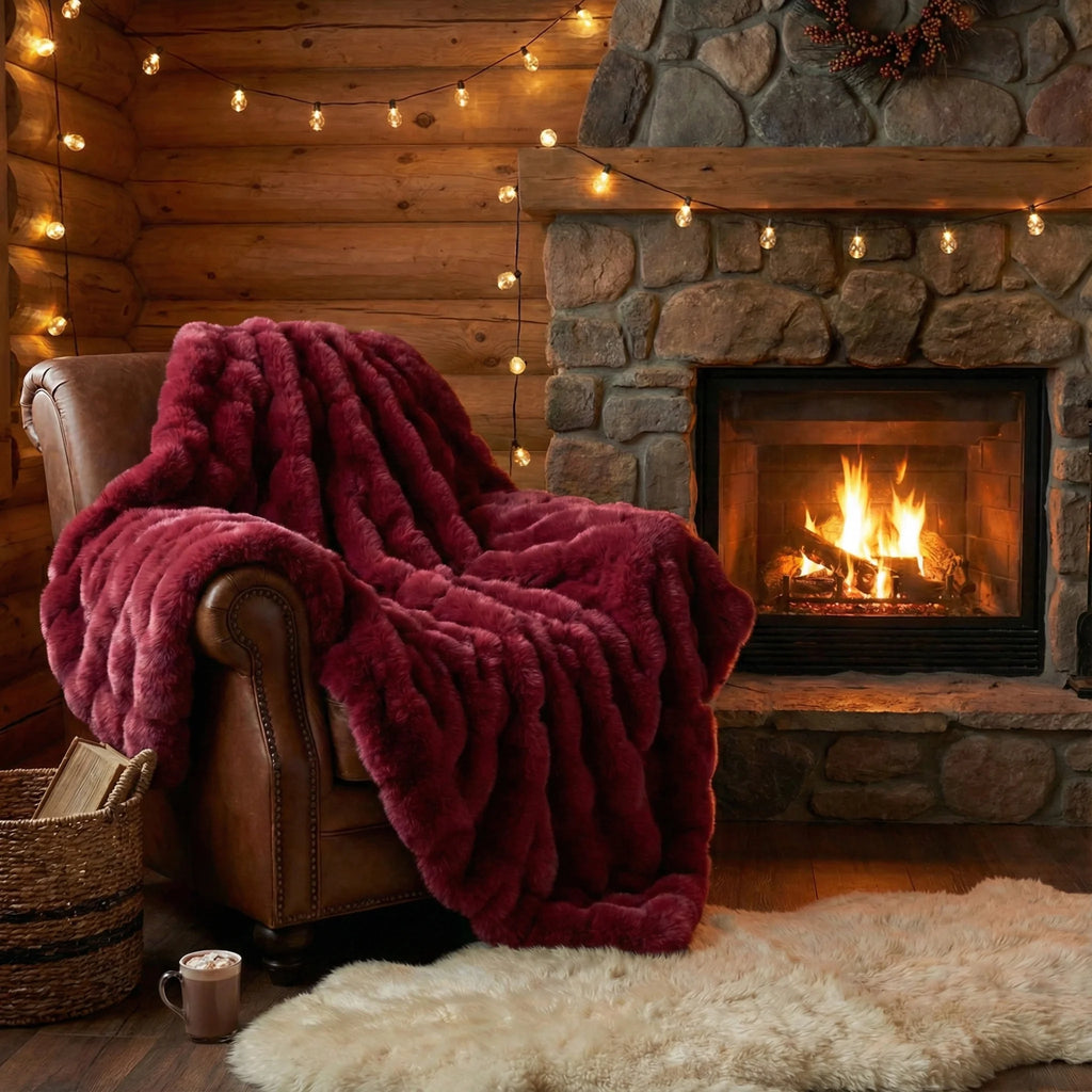 Plaid en Fausse Fourrure de Lapin Rouge Bordeaux 130x150 cm